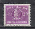 Italia   -   1952.   Recapito Autorizzato  20 £.  Fil. Ruota 1.  Viaggiato. Ottima Centratura - Pacchi Postali