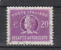 Italia   -   1952.   Recapito Autorizzato  20 £.  Fil. Ruota 1.  Viaggiato. Ottima Centratura - Colis-postaux