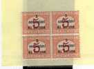 TRENTO E TRIESTE 1919 SOPRASTAMPATO D'ITALIA SEGNATASSE POSTAGE DUE TASSE TAXES CENT. 5 C SU 5C QUARTINA BLOCK MNH - Trentin & Trieste