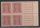 India 1958 MNH Service / Official., Rs 10 Block Of 4, Gutter Margin, Asoka, - Blokken & Velletjes