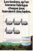 Publicité : Les Toxines, Qu´un Homme Fabrique Chaque Jour, Tueraient Cinq Lapins. VITTEL. Eau Minérale . 1974 - Werbung