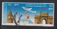 Se-tenent Pair, India Used 1998, Golden Jubilee, Air- India,  Airplane, Clock, Maharaja, - Oblitérés