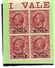 LEVANTE VALONA 1909 - 1911 SOPRASTAMPATO D'ITALIA ITALY OVERPRINTED 20 PA SU 10 CENT QUARTINA BLOCK MNH - Bureaux D'Europe & D'Asie