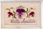 Fantaisie - Mille Amitiés FleursPensées - Carte Brodée Sur Tissus Le Tour En Relief - Andere & Zonder Classificatie