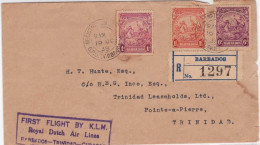 BARBADOS - 1938 - LETTRE Par AVION (1° VOL Par KLM) RECOMMANDEE Pour TRINIDAD - Barbades (...-1966)