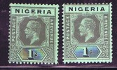 NIGERIA  Wmk Multi Crown &  CA   1/-  Pale Olive Back, Emerald Back  SG 8e, 8f  MH * - Nigeria (...-1960)