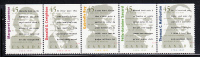 Canada MNH Scott #1626ai Top Strip Of 5 From Pane Never Folded 45c Canadian Authors - Nuovi