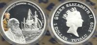 TUVALU $1 CHARLES DARWIN 200 ANN. SHIP COLOURED FRONT QEII BACK 2009 SILVER PROOF READ DESCRIPTION CAREFULLY !!! - Tuvalu