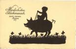 Neujahrskarte - Silhouette  "Kind Reitet Schwein"      1925 - Silhouettes