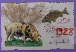 CARTE 1er Avril Découpis Cochon (porc), Poisson, Collage Graminées SUPERBE - Schweine