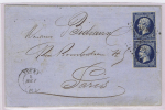 France, Lettre 1858 Tours A Paris, 2 X Nr 14 (separé), Etoile 3398 Et Cachet A Date - 1853-1860 Napoleon III