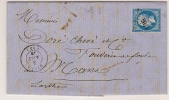 N° 14 BLEU NAPOLEON SUR LETTRE /  DIVES CALVADOS POUR LE MANS / 3 AOUT 1859 - 1849-1876: Classic Period