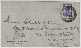 INDIA - 1941 - ENVELOPPE Avec CENSURE De COCHIN Pour NEW-YORK (USA) - 1936-47 King George VI