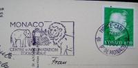 1980 MONACO CANCELATION ON POSTCARD ZOOLOGICAL CENTER ELEPHANT LION - Eléphants