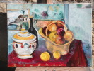 - NATURE MORTE AVEC SOUPIERE ET BOUTEILLE . HUILE SUT TOILE .   SIGNEE EN BAS A DROITE - Oils