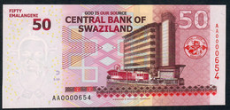 SWAZILAND P38 50 EMALANGENI  2010 LOW NUMBER # AA0000654 Signature 9b   UNC. - Swaziland
