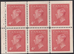 Canada Scott #287bi MNH Booklet Pane Of 6 4c George VI With 'Postes-Postage' Stitched Tab - Booklets Pages