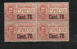 ITALIA REGNO 1924-5 ESPRESSO 70C SU 60C IN QUARTINA MNH OTTIMA CENTRATURA - Express Mail