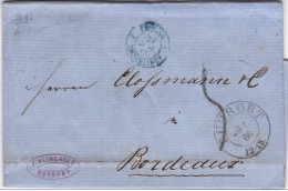 PRUSSE - 1866 - CACHET D'ENTREE En FRANCE Par ERQUELINES BLEU - LETTRE De RUHRORT Avec TAXE De 5 Pour BORDEAUX - Covers & Documents