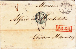 PRUSSE - 1857 - CACHET D'ENTREE En FRANCE Par VALENCIENNES BLEU - LETTRE De BERLIN Avec TAXE De 10 Pour CHATEAU MAREUIL - Covers & Documents