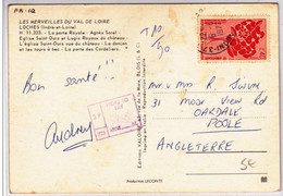 1972 - YVERT N°1716 SEUL Sur CARTE POSTALE De TOURS GARE Pour L'ANGLETERRE Avec TAXE De 2P - 1960-.... Cartas & Documentos