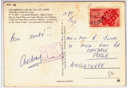 1972 - YVERT N°1716 SEUL Sur CARTE POSTALE De TOURS GARE Pour L'ANGLETERRE Avec TAXE De 2P - 1960-.... Storia Postale