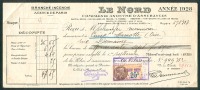 LE NORD, Branche Incendie, Reçu-Prime (1928) Cuise-La-Motte, Menuiserie, Timbre Fiscal 25 C - Banque & Assurance