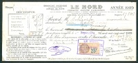 LE NORD, Branche Incendie, Reçu-Prime (1929) Cuise-La-Motte, Menuiserie, Timbre Fiscal 25 C - Bank & Versicherung