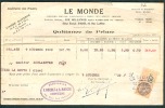 Le Monde, Assurance, Paris (1930) : Quittance De Prime, Compiègne, Cuise-la-Motte, Timbres Fiscal 50 C - Bank En Verzekering