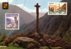 Sp.Andorra,- Stamped Friendship Postcard, With Both Andorra Stamps, 1963.Meritxell Gotic Cross - Cartas & Documentos