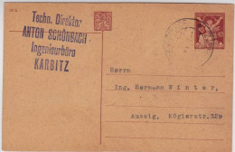 TCHECOSLOVAQUIE - 1921 - CARTE POSTALE ENTIER De KARBITZ Pour AUSSIG - Ansichtskarten