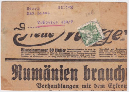 TCHECOSLOVAQUIE  - 1927 - RARE FRAGMENT De JOURNAL En ALLEMAND Avec TIMBRE - Storia Postale