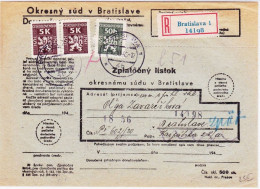 TCHECOSLOVAQUIE - 1946 - RARE ENVELOPPE RECOMMANDEE De BRATISLAVA Avec TIMBRES DE SERVICE - Briefe U. Dokumente