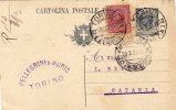 TORINO / CATANIA  - 26.02.1921 - Intero Postale Pubbl.  "Pellegrini & Moris " - Cent. 15 Leoni + 10 - Publicity