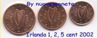 IRLANDA IRLANDE 2002 1 - 2 - 5 CENT FDC TRE MONETE DA ROTOLINO - Ierland