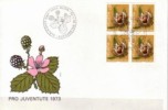 Switzerland,1973. Pro Juventute, Flowers,Fruits,  In 4-er Block,  FDC - Brieven En Documenten