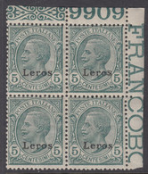 Egeo - Leros - N. 2 - Cv 100 Euro - QUARTINA Gomma Integra - MNH** - Egée (Lero)