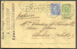 N°60 En Affr. Complémentaire S/E..P. Carte 5 Centimes Vert, Obl; Télégraphique BRUXELLES (MIDI) En Exprès Vers CHarleroi - Briefkaarten 1871-1909