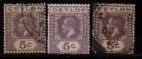 Ceylon Used, 5c X 3 Shades, KG V, 1912 - Ceylan (...-1947)