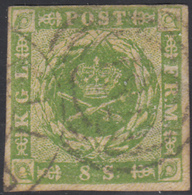 Denmark Scott #5 Used 8s Royal Emblems Heavy Hinge Remnants, Close Cut At Top - Used Stamps