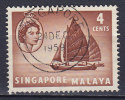 Singapore 1955 Mi. 30    4 C Queen Elizabeth II. & Ship Schiff Twa-Kow (Segeltransporte) Deluxe SINGAPORE 1959 Cancel !! - Singapur (...-1959)