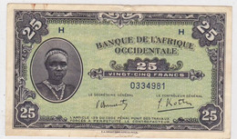 BANQUE DE L'AFRIQUE OCCIDENTALE FRANCAISE AOF - BILLETS De 25 FRANCS - 1942 - PLI + 2 INFIMES DEFAUTS EN BORDURE - Autres - Afrique