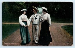 POSTCARD SAILOR AND 2 GIRLS R BRAND PHOTO 1907 RHAYADER POSTMARK - Anglesey
