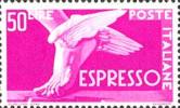 ITALIA REPUBBLICA 1951 ESPRESSO CAVALLI ALATI LIRE 50 FIL. RUOTA TIMBRATO - USED - OBLITERE´ - Express/pneumatic Mail