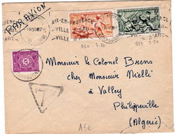 1950 - TAXE ALGERIE Sur ENVELOPPE Par AVION De AIX EN PROVENCE Pour PHILIPPEVILLE - Storia Postale