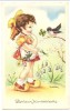 Illust. GOUGEON - "Heureux Anniversaire" - Fillette En Sabots - Chapeau, Oiseau, Trèfle à Quatre Feuilles, Fleurs - Gougeon