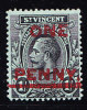 T)1915,ST.VICENT SCN 117a,MLH,“PENNY” & BAR DOUBLE SURCHARGED IN CARMINE,CV 775 - St.Vincent (1979-...)