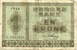 NORWAY 1 KRONE GREEN MOTIF FRONT & BACK DATED 1948 P15b F+ READ DESCRIPTION !! - Norway