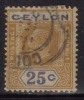 Ceylon Used 1921, Wmk Script CA,  KGV 25c Yellow And Blue - Ceylan (...-1947)