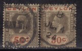 Ceylon Used 1921, Wmk Script CA, KGV 50c 2 Diff., Shades, Black And Scarlet - Ceylon (...-1947)